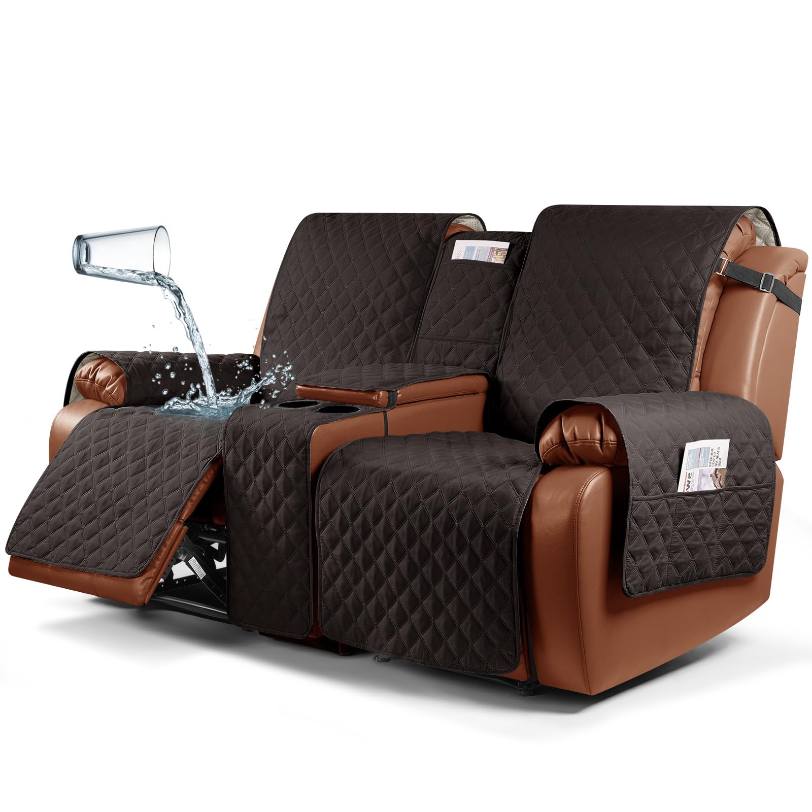 Ruaozz Waterproof Recliner Loveseat Cover with Console, Non-Slip Couch Cover Pet Cover for Double Recliner Split Sofa Cover with Elastic Straps for Kids, Dogs, Pets (Dark Coffee, 2 Seater)