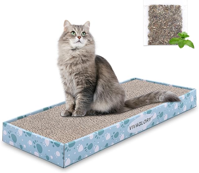 Vivaglory Cat Scratcher Cardboard with Box, Reversible Cat Scratching Pad Kitty Corrugated Sofa Lounge with Catnip, 1 Pack, Regular