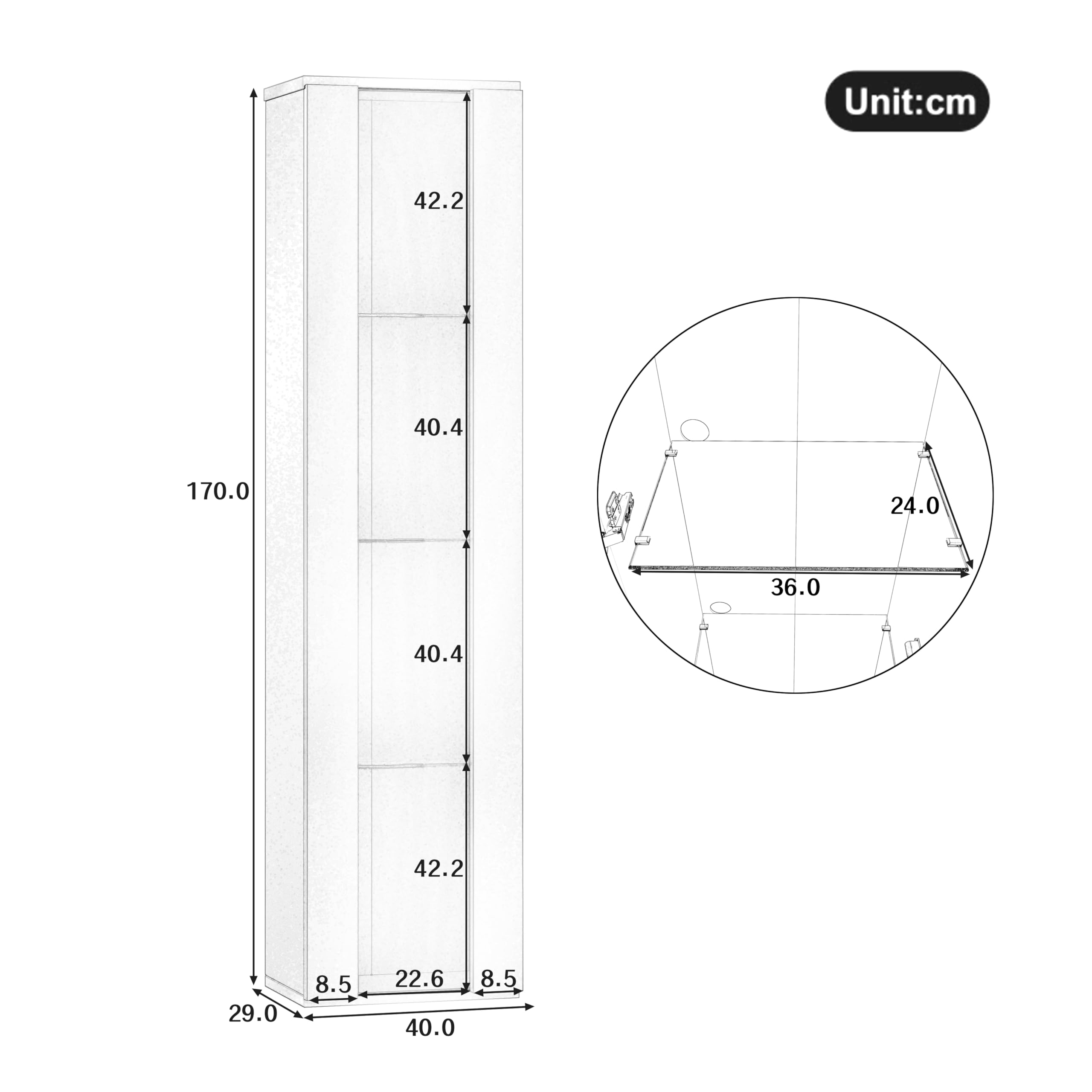 Vitrina Expositora con Iluminación LED, Vitrina Salon con 3 Estantes de Cristal, Vitrina Cristal para Salón Dormitorios Oficina, 40x29x170 cm, Blanco