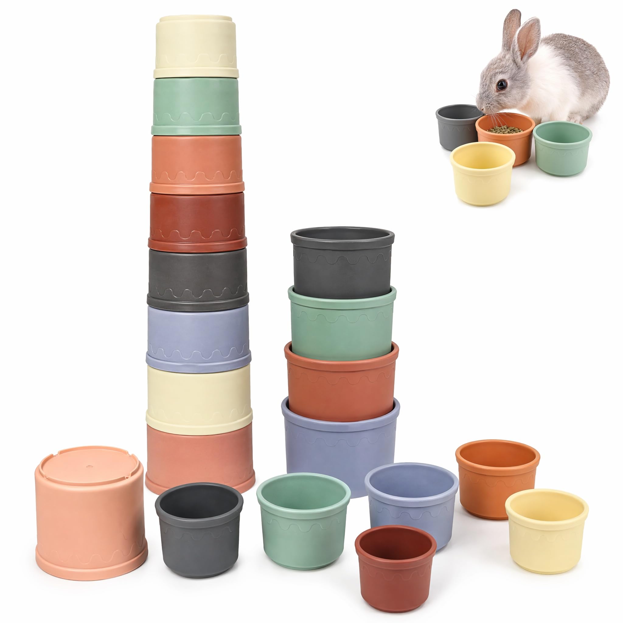 Qixkuric Bunny Stacking Cups, 16Pcs Rabbit Stacking Cups Versatile Nesting Stack Cup Plastic Colorful Nesting Animal Stackings Cup for Rabbits Small Animals Dimensions 8 × 8 × 5 cm