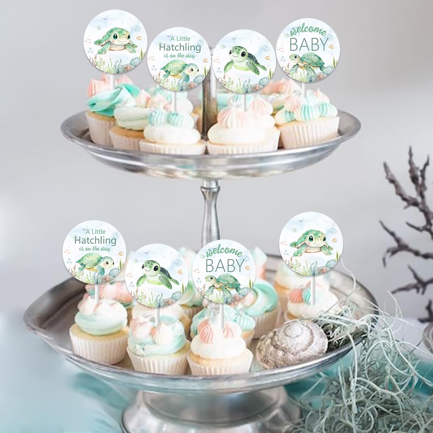 Jollyboom Sea Turtle Baby Shower Decoration Boy, 24pcs Sea Turtle Cupcake Topper a Little Hatching is on The Way Cake Decoration for Sea Turtle Under The Sea Ocean Creature Baby Shower Decoration