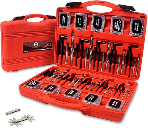 AKM Kit de reparación de roscas de 338 piezas, kit de reparación de helicoidales de taladro HSS SAE y métrico, 1/4 pulgadas 5/16 pulgadas 3/8