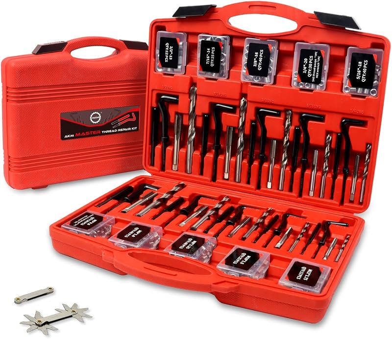 AKM Kit de reparación de roscas de 338 piezas, kit de reparación de helicoil de taladro HSS SAE y métrico, 1/4" 5/16" 3/8" 7/16" 1/2" M5 M6 M8 M10 M12 Kit con calibre de rosca
