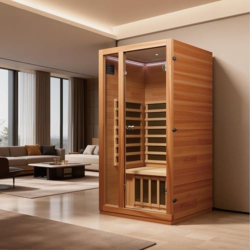 1 Person Far Infrared Sauna for Home, Low EMF Sauna Heater, Chromotherapy Lighting, 1510W/120V, Premium Wood Home Sauna for Meditation and at Home Spa Relaxation, 39.97 * 35.43 * 74.8 Inch