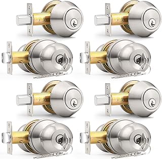 Probrico Keyed Alike Entry Knob and Deadbolt Set Satin Nickel, Single Cylinder Handleset Combo Pack(for Entrance Exterior Gate and Front Door), 4 Sets