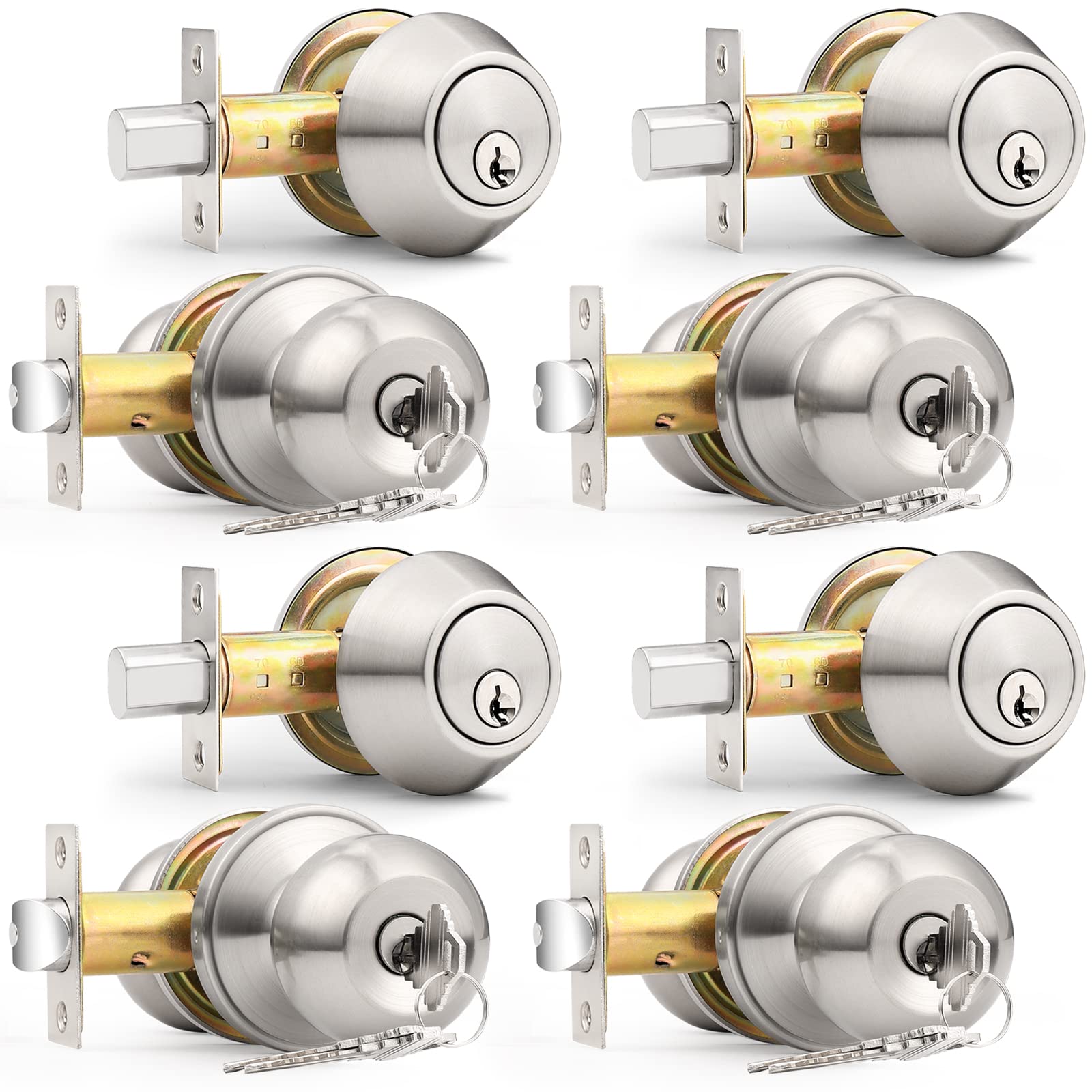Probrico Door Knob and Deadbolt Set, Exterior Door Lock Set 4 Pack Enrty Door Locks with Single Cylinder Deadbolt with The Same Keys, Brushed Nickel Keyed Alike