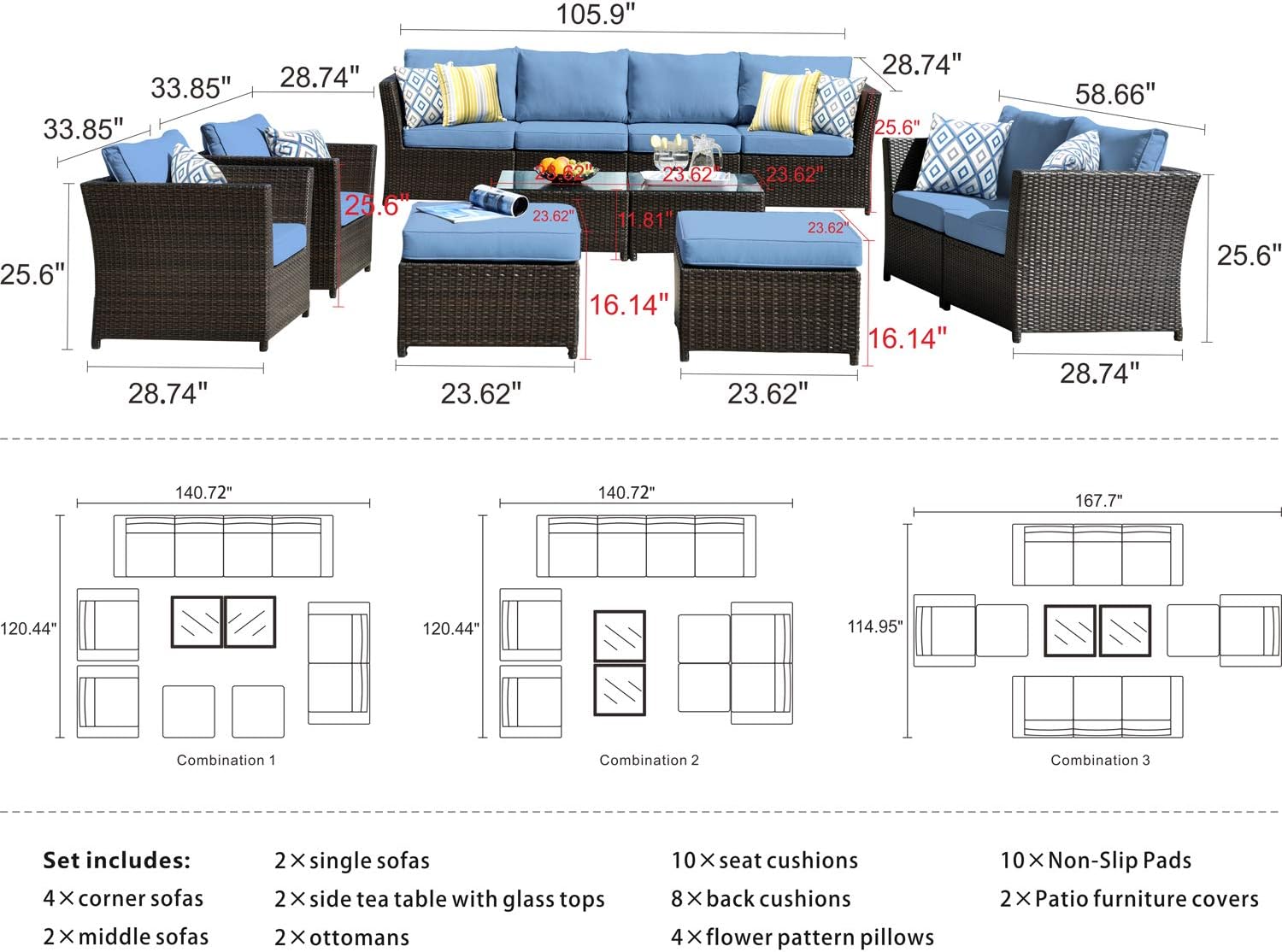 ovios Patio Furniture Set 12 PCS Outdoor Furniture Conversation Set PE Rattan Wicker Sectional with 4 Pillows and Coffee Table, Backyard Sofa, No Assembly Required (Blue) : Patio, Lawn & Garden