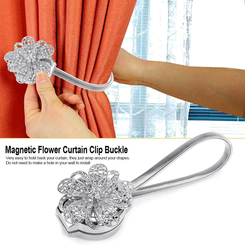 Magnetic Crystal Curtain Tiebacks with Stretchy Wire Rope Flower Buckle Clip for Living Room Bedroom Windows Silver Blossom Shape Holdbacks