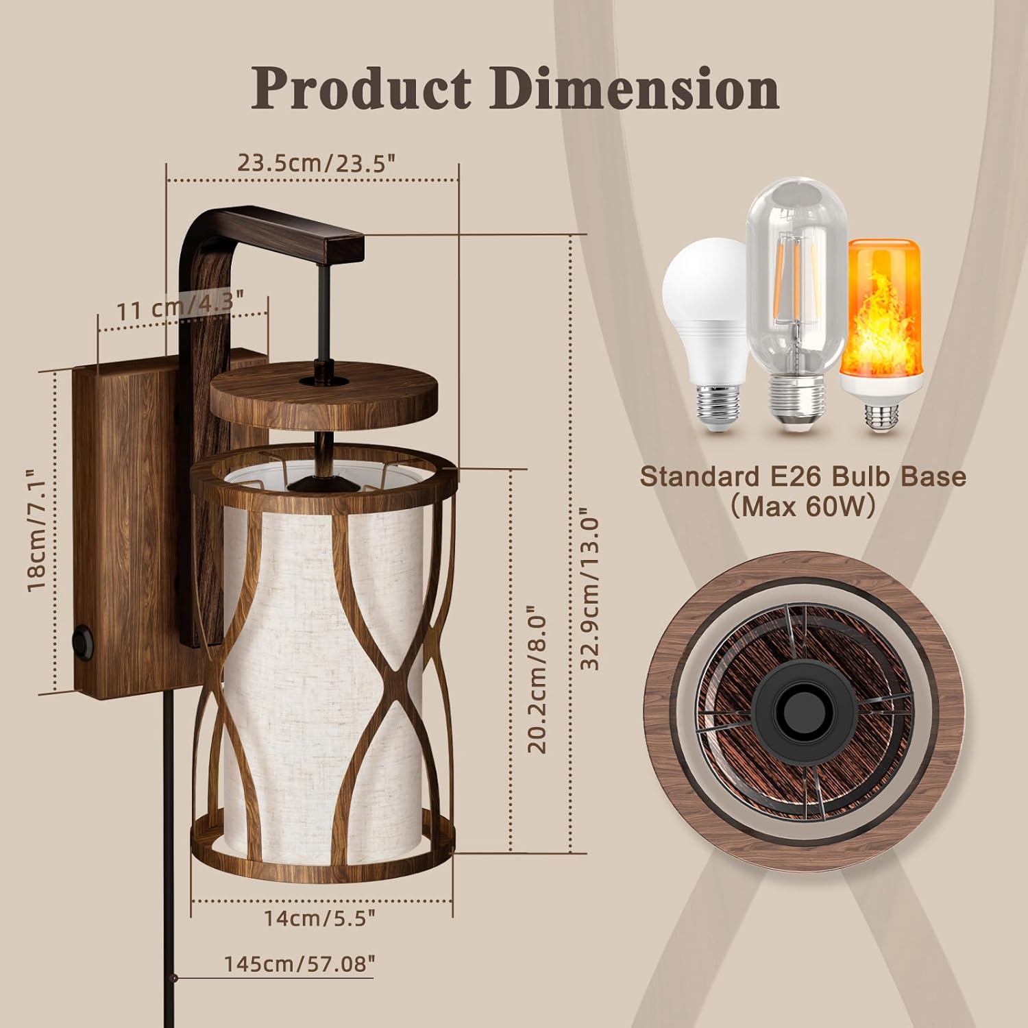 N10-1 Farmhouse Wall Sconces Dimmable Hanging Plug in Wall Lamp Linen Lampshade Metal Base Rustic Hardwired Wall Lighting Sconce Lights for Bedroom Bedside Living Room (Bulb Included)