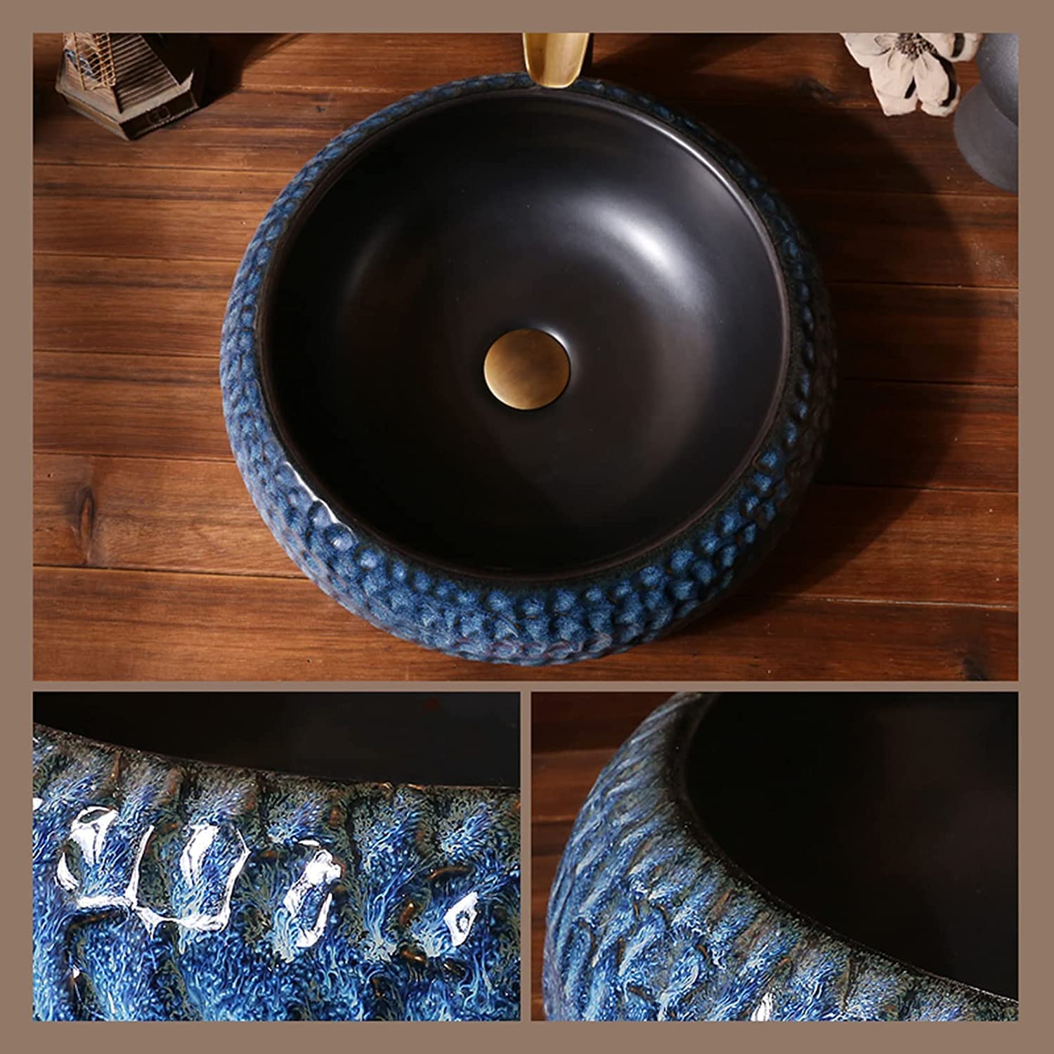 Ceramiczna Umywalka Łazienkowa, Ceramiczna Umywalka Nablatowa, Okrągła, W Stylu Industrialnym, Do Łazienki, W Stylu Retro, Do Garderoby, Ręcznie Rzeźbiona Umywalka Nablatowa