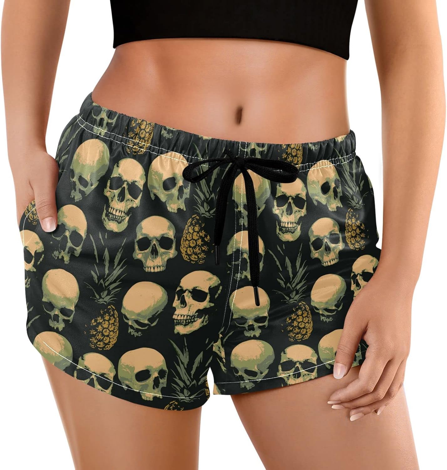 Naanle Women's Beach Shorts with Pockets Skulls Pineapples Swim Trunks Board Short Swim Shorts Quick Dry Swimwear