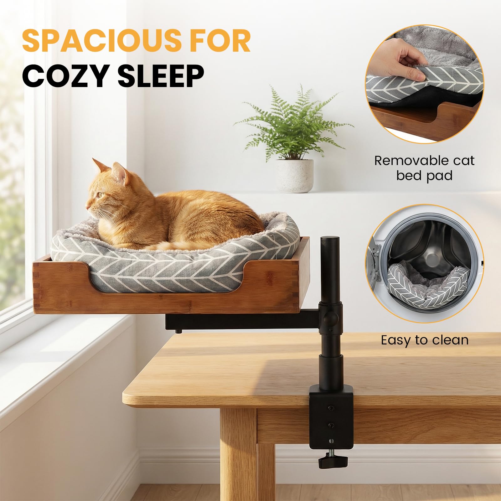 Scrivania-letto per gatti con elegante base in bambù e morbida imbottitura. Morsetto stabile e robusto per regolare l'altezza e rotazione a 360°. Portata massima: fino a 15 kg (Tappetino grigio)