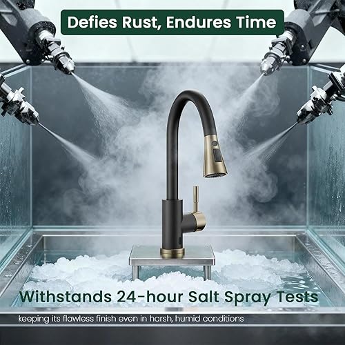 Vista 131 de APPASO Grifo de cocina cuadrado con filtro, grifos de fregadero de 3 vías negro mate con rociador extraíble, 2 modos, arco alto, moderno, 2 asas