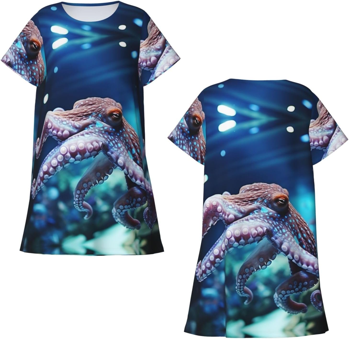 Fish and Octopus Print Sleep Shirts for Women Short Sleeve Night Shirts for Sleeping Pullover Nightgown