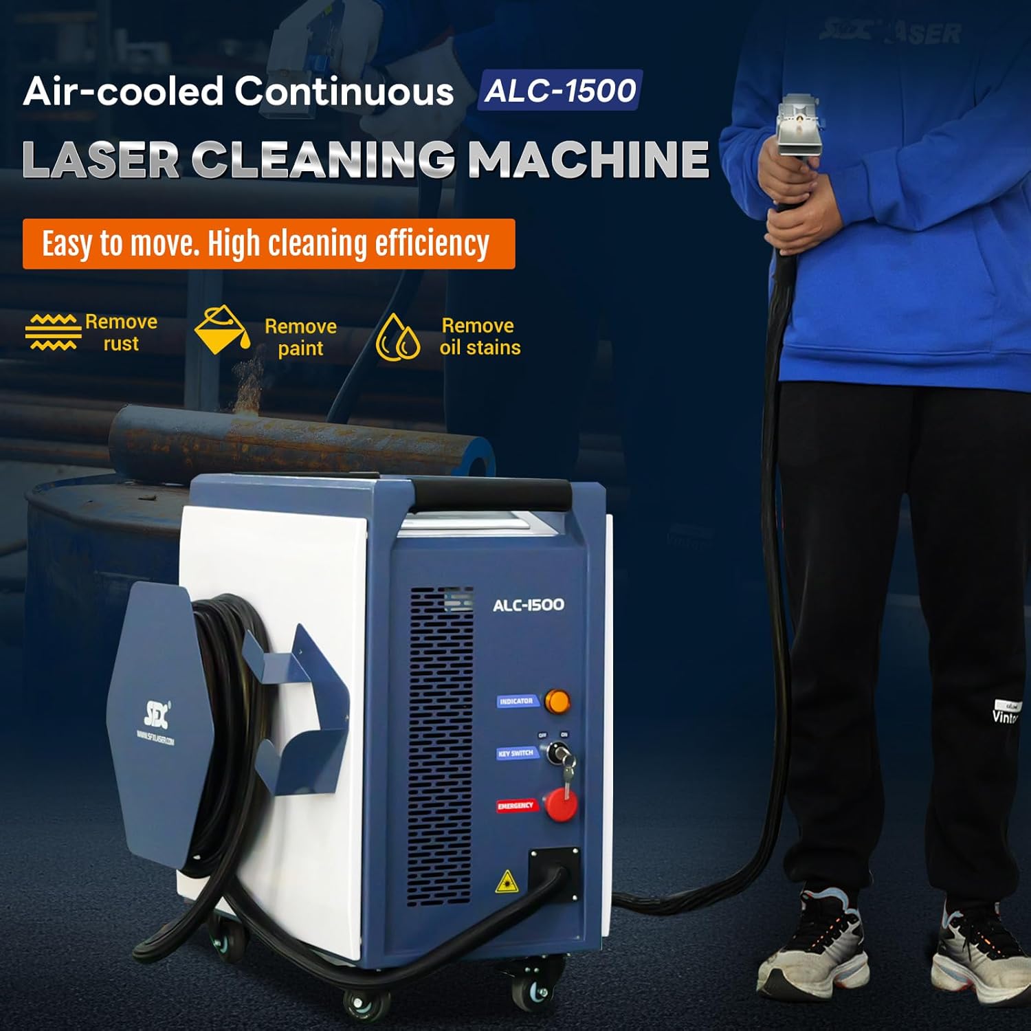 1500W Air-Cooled Laser Cleaning Machine for Rust Removal Continuous Laser Cleaner for Rust, Paint & Oil Stains, 250mm Wide Scan Smart IoT Remote 220V Portable Handheld Laser Cleaner Class 2
