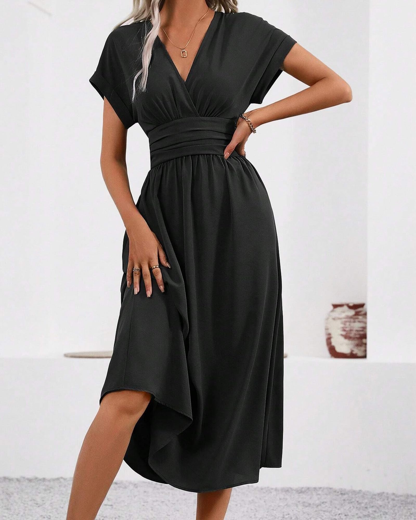 Robe Longue Femme Ete Elégante Robes de Plage Manches Courtes V Taille Haute Unie Maxi Dress Casual et Chic