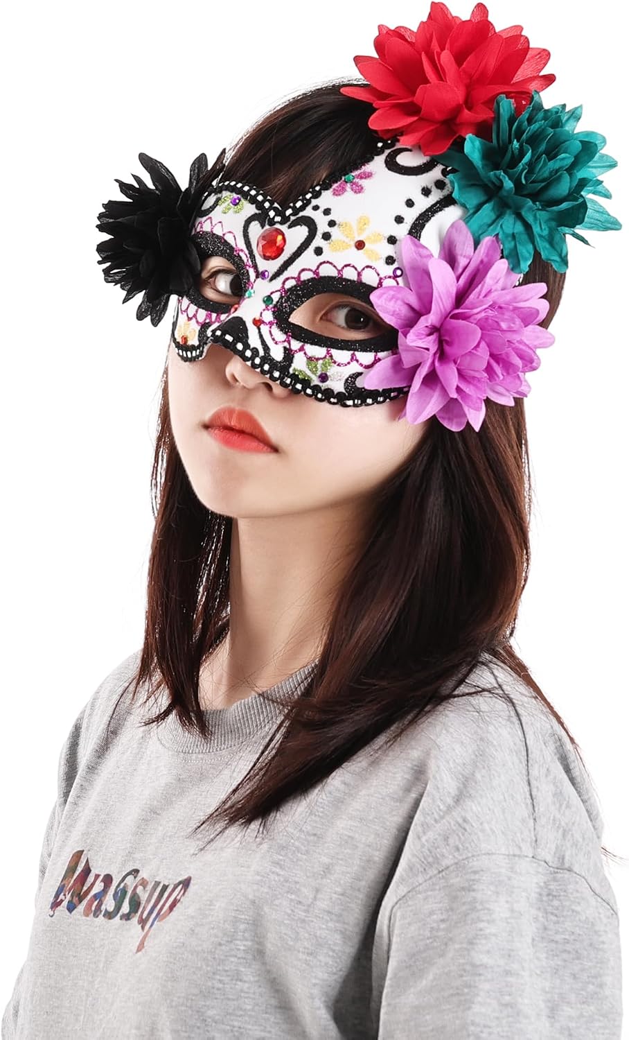 SUMERSHA Mexican Day of the Dead Masquerade Mask for Women Floral Sugar Skull Eyemask Halloween Costume Mask