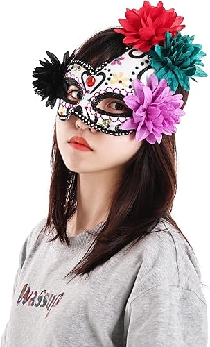 Miniatura 3 de SUMERSHA Máscara del Día de los Muertos mexicanos para mujer, diseño floral de calavera de azúcar, máscara de disfraz de Halloween