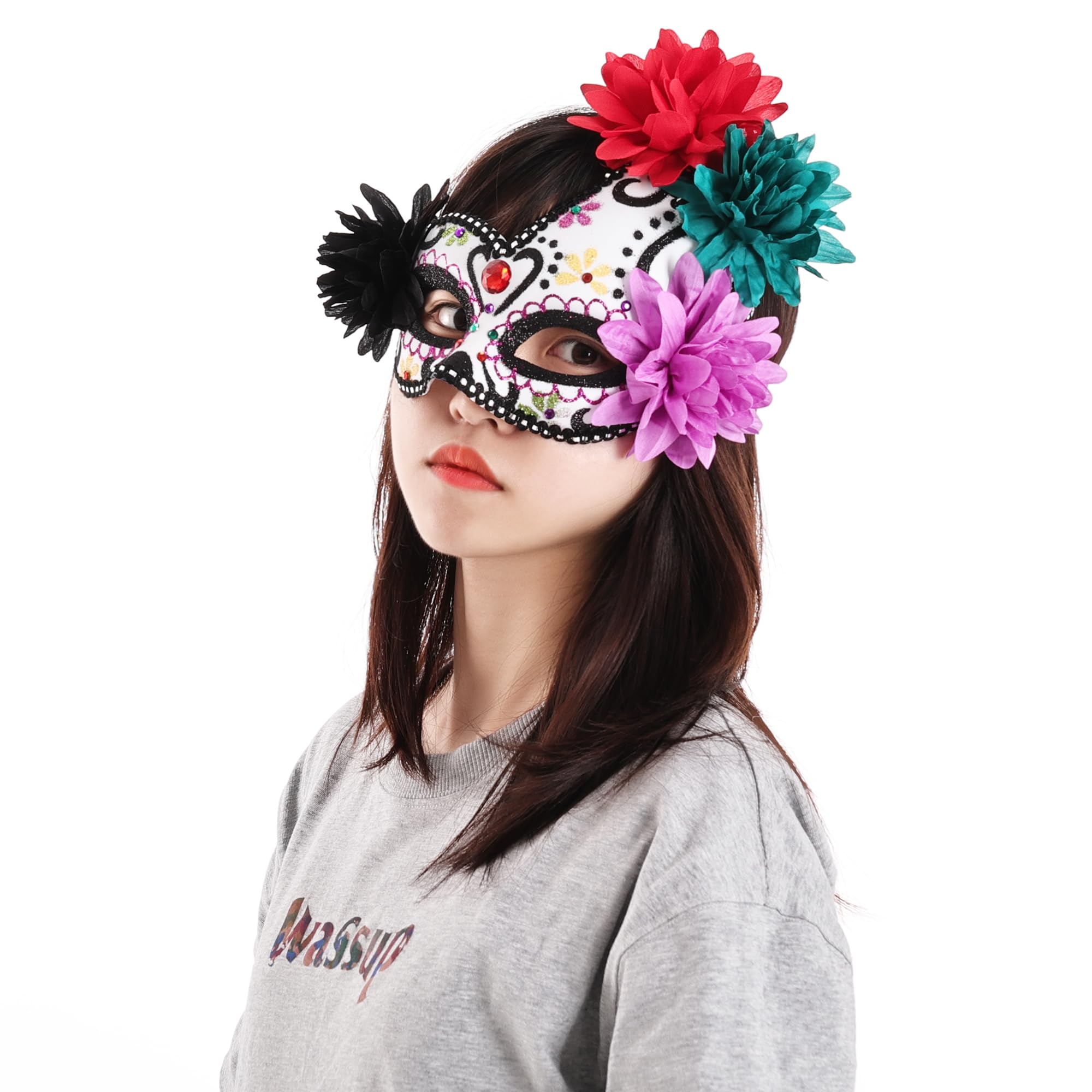 SUMERSHA Mexican Day of the Dead Masquerade Mask for Women Floral Sugar Skull Eyemask Halloween Costume Mask