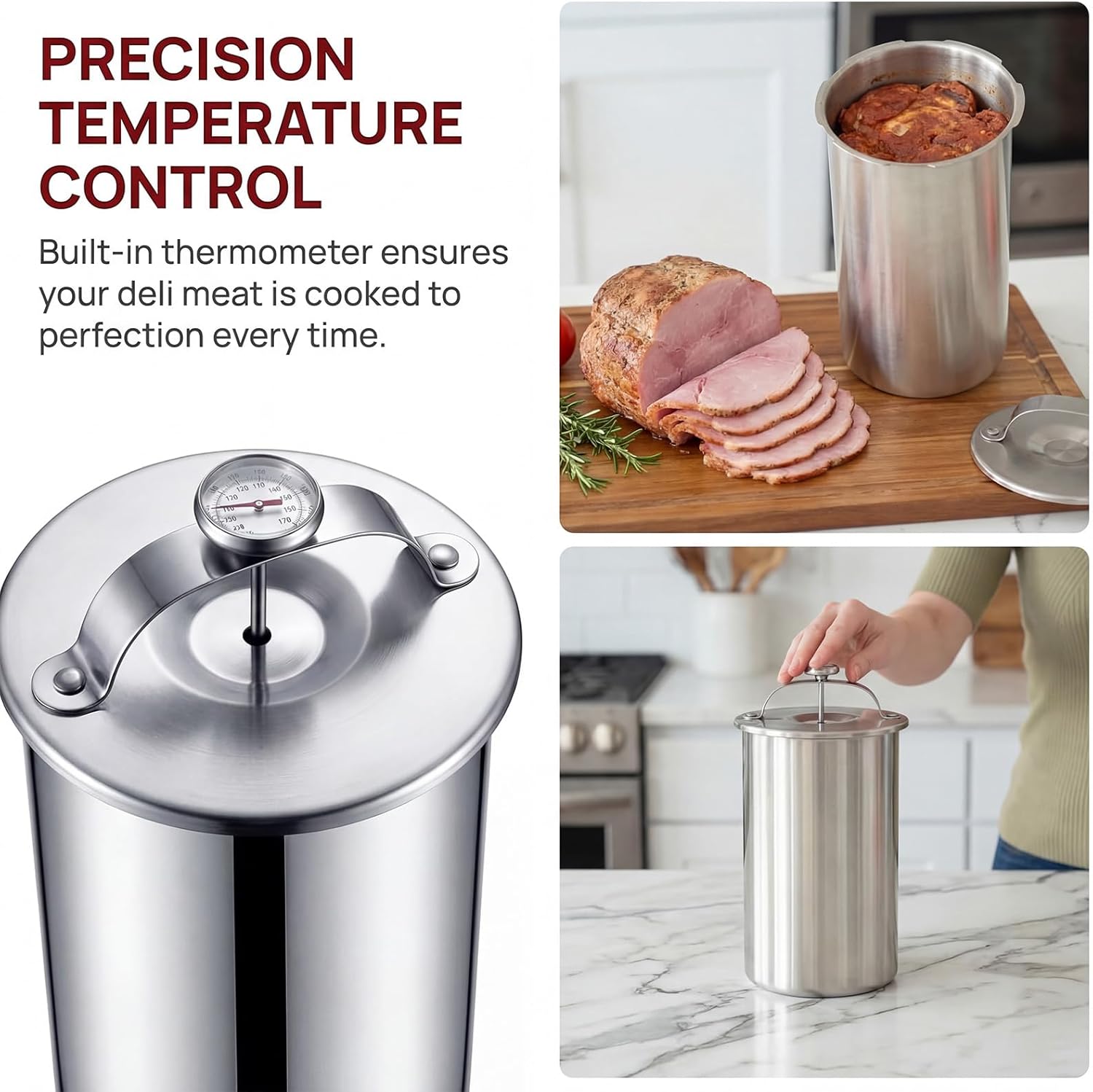 Deli Meat Press Stainless Steel with Thermometer - 1 to 1.2 Kg Lunch Meat Press Mold for Deli Meats Homemade Ham Maker Lunch Meats Presss for Making Sandwich, Delimeat, Lunchmeat (With Press)