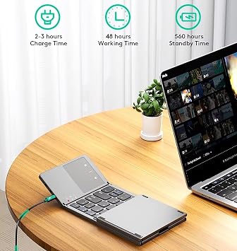 Slim Foldable Wireless Keyboard Compatible with Vivo iQOO Pad with TOUCHPAD Mouse Fully Universal Providing 48H Use, 560 Days Standby, Portable, Compact, Tri-Fold, Rechargeable!