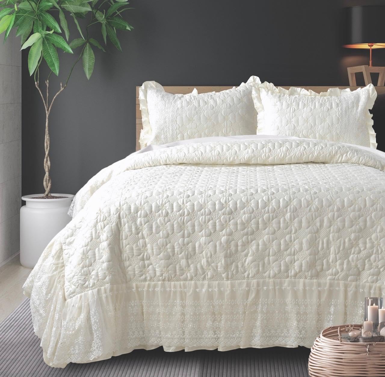 ADCO Auraluxe Quilted Elegance Bedcover Set Quilted Bedcover Set with Lace Border, Polyester, 228 x 254 cm, Available in 10 Colors, King/Queen Size, with Matching Pillowcases (Cream)-image-18