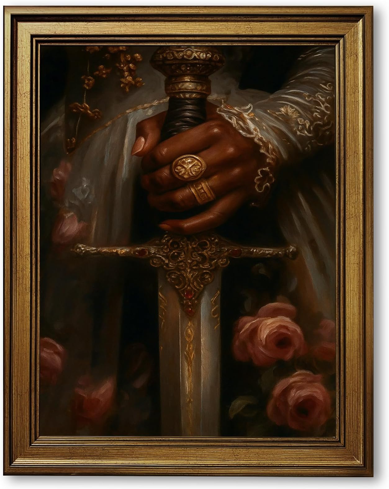 Framed Medieval Knight Hand Holding Sword Poster Canvas Print Art Painting Pictures Gothic Wall Art Elegant Home Decor Wall Decoration for Living Room Bedroom Dorm Room (Retro Framed,12L x16W)