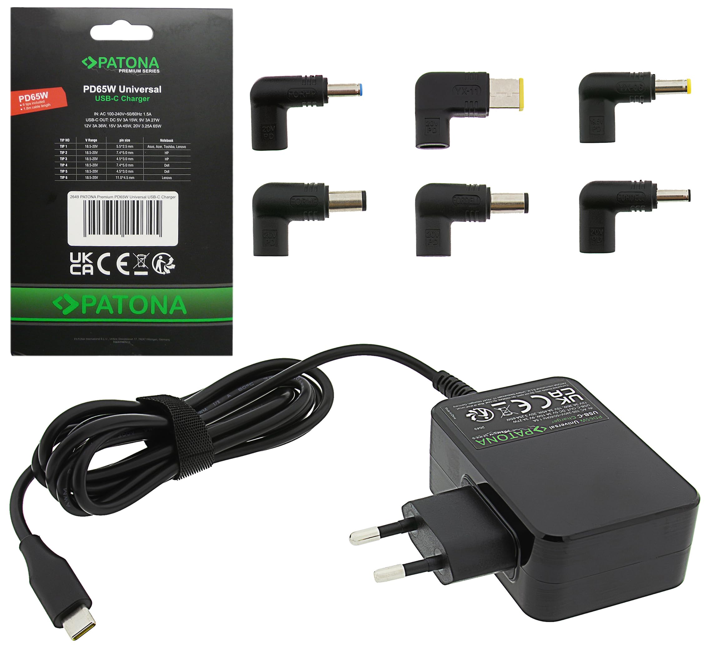 PATONA Adaptateur Secteur PD65W USB-C Power Delivery Chargeur Universel 100-240V Compatible ASUS Lenovo Dell HP