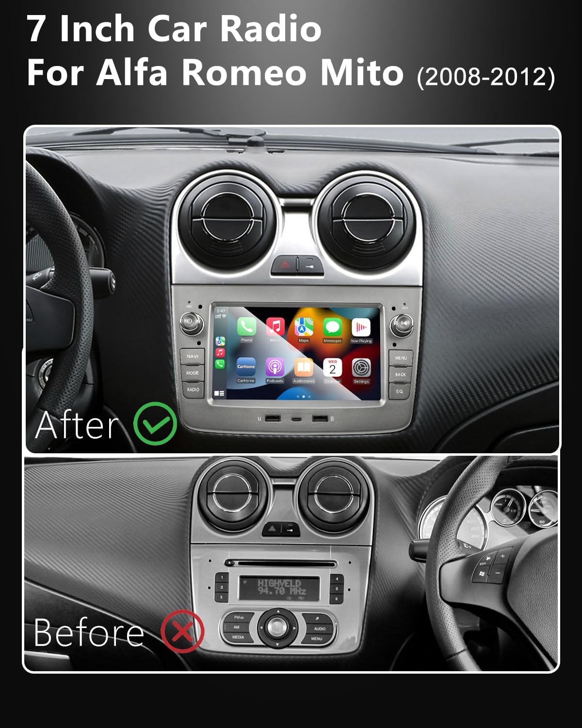 Before and after installation of the ANKEWAY car radio in an Alfa Romeo Mito dashboard.