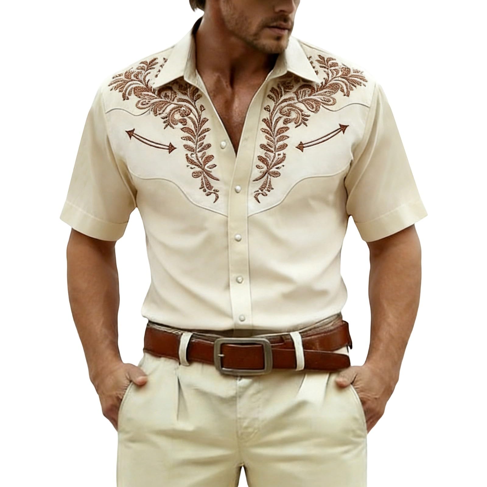 Cowboy Shirt Men's Western Shirts Cowboy Costume Men Western Shirts Western Cowboy Shirt Snap Embroidery Shirts Lapel Collar Classic Casual Shirt for Carnival Party Outfit, O Beige, XXXXL