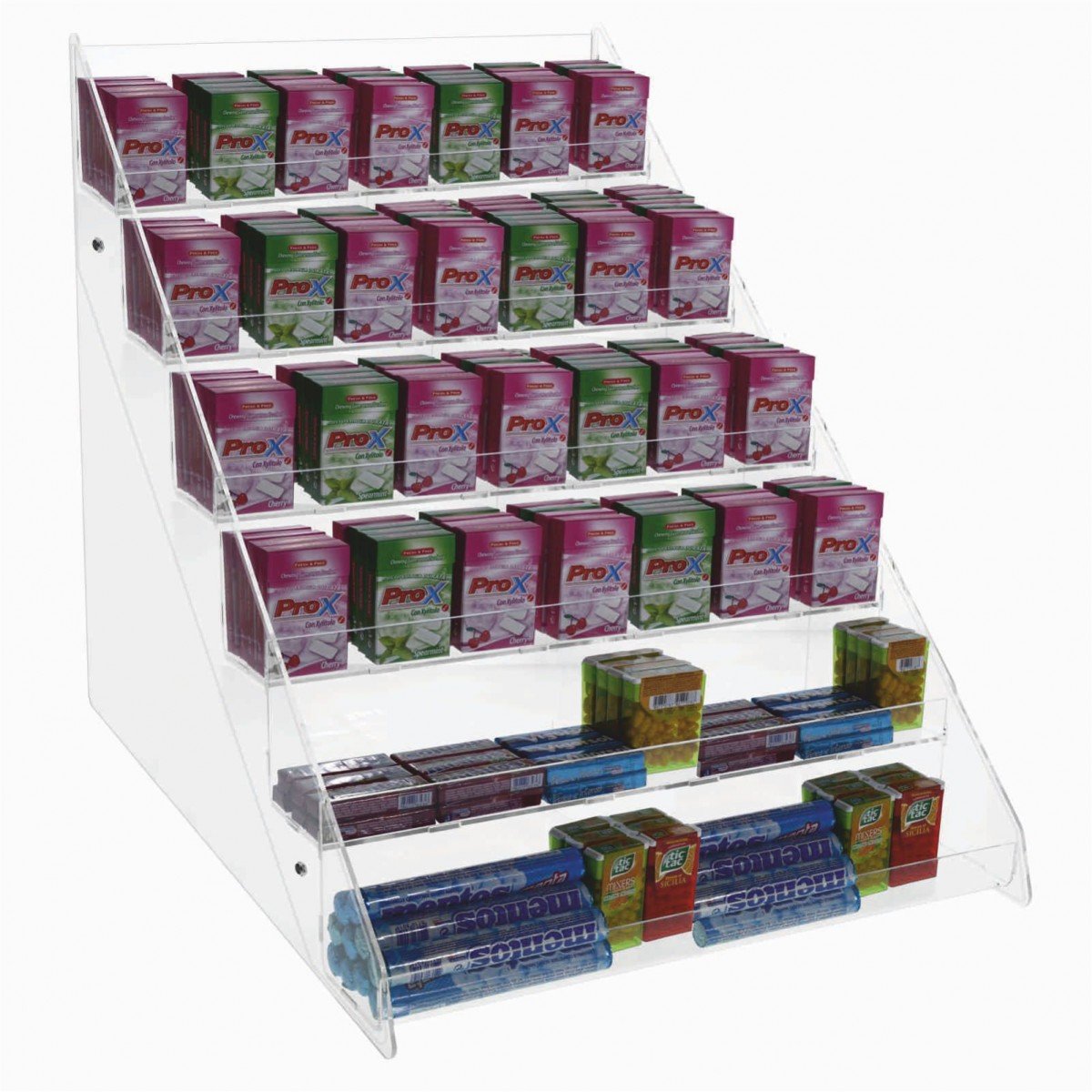 Porta caramelle confezionate da banco in plexiglass trasparente a 6 ripiani Misure: 46x55x H45 cm