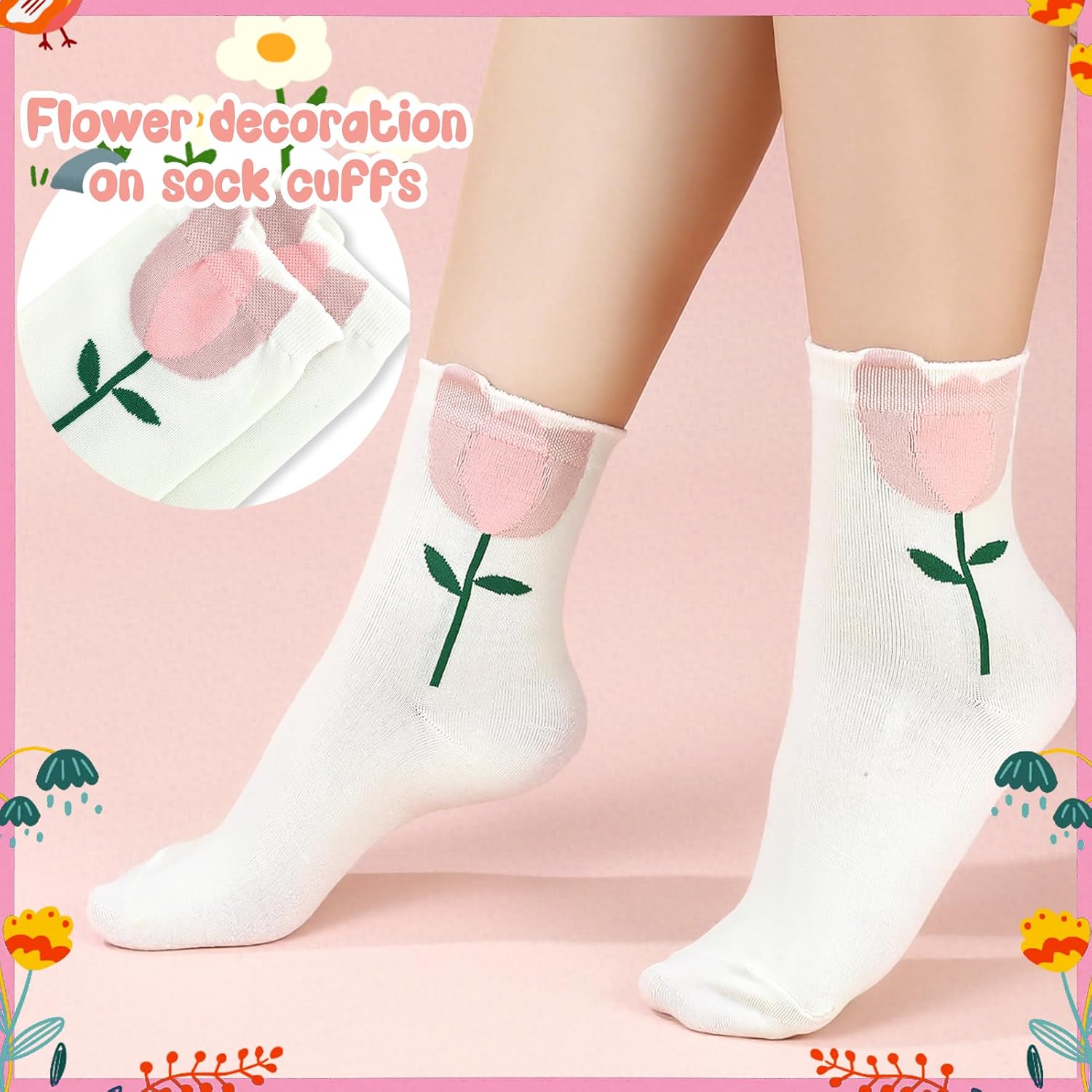 Jspupifip 10 Pairs Womens Floral Socks Cute Tulip Flower Socks Funny Novelty Crew Sock