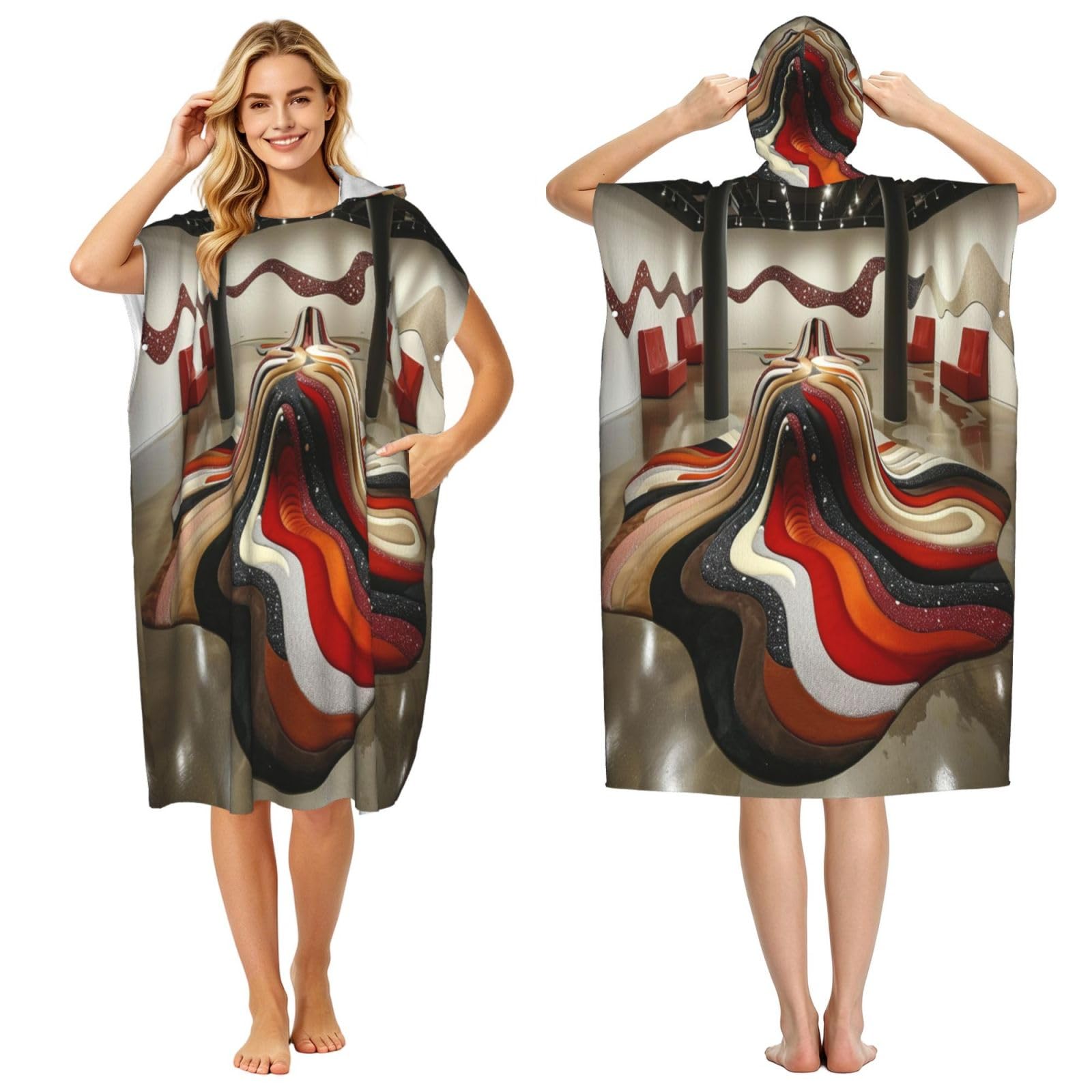 DTHKJNLSF Fractal Wave Pattern Flooring Adult Hooded Beach Poncho Towel