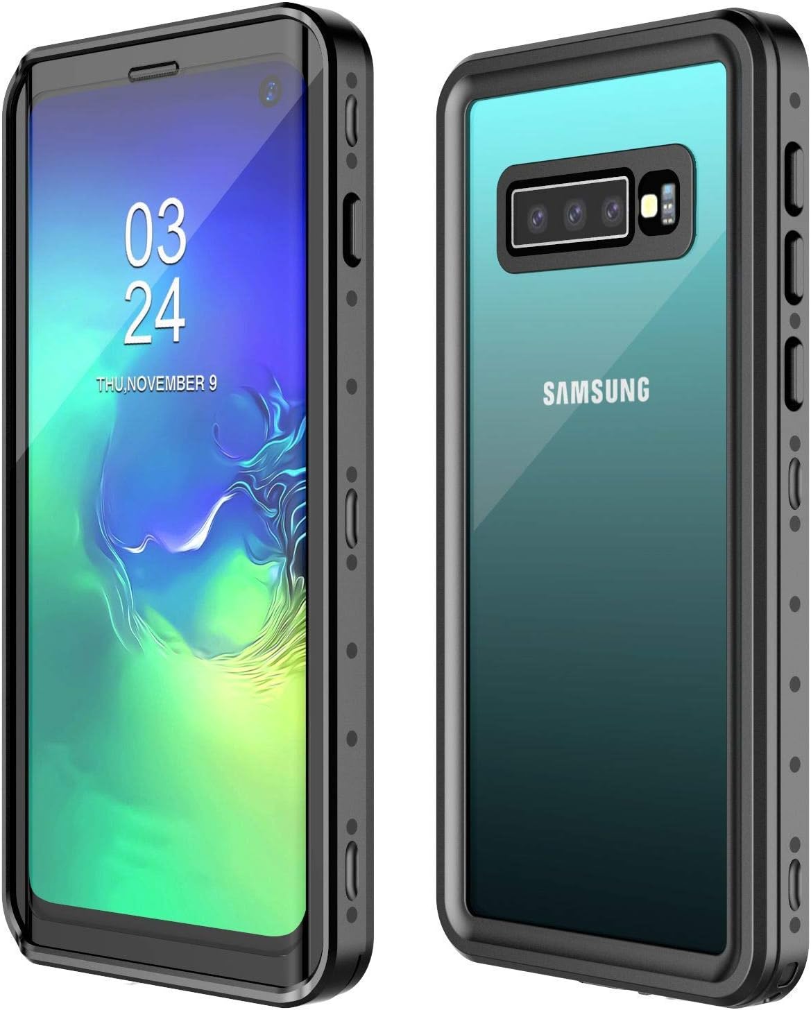 Samsung Galaxy S10 Waterproof Case, POTALUX S10 Case Built in Screen Protector 360ยฐ Full Body Protective Shockproof Dirtproof IP68 Underwater Waterproof Case for Samsung S10 6.1inch (Black/Clear Back)
