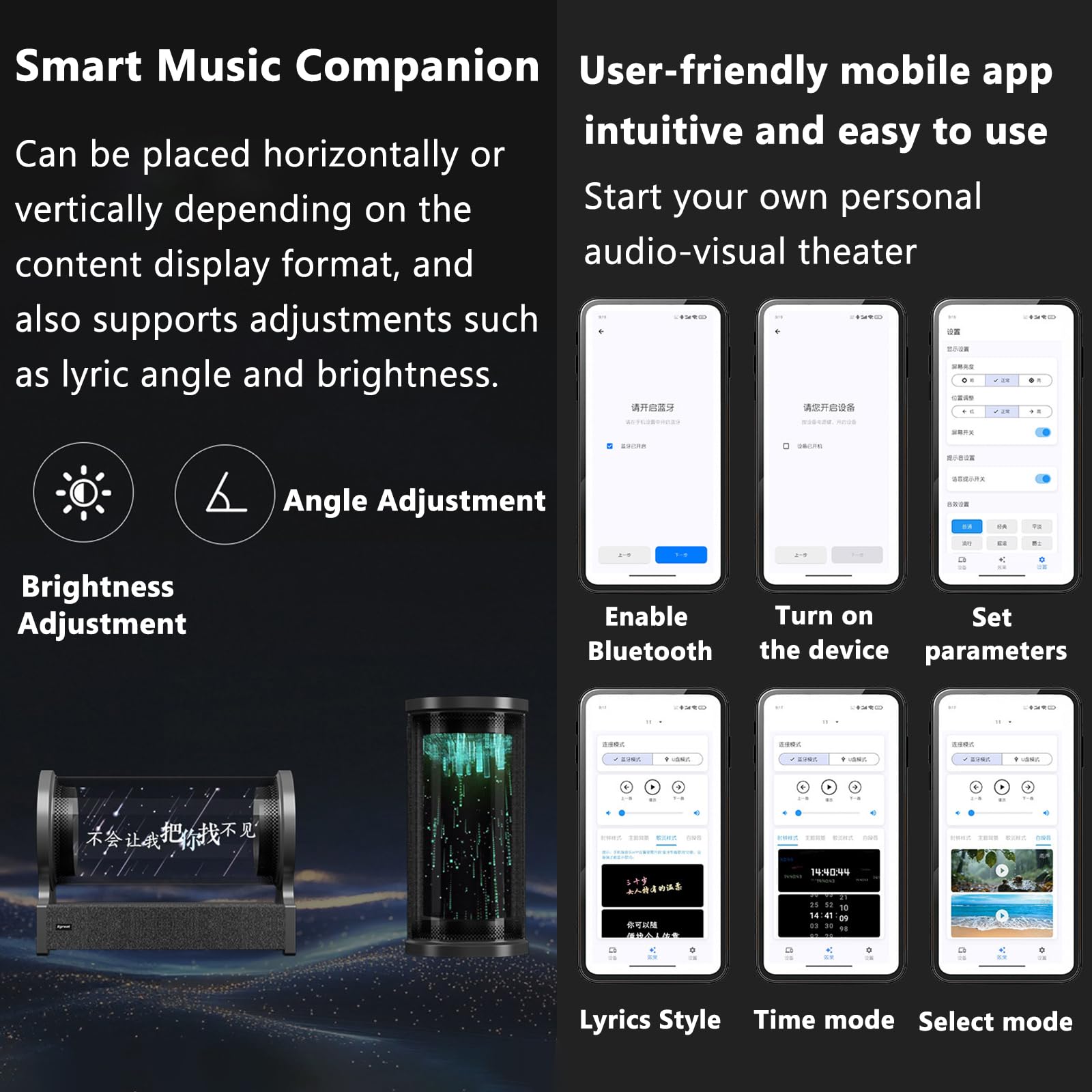 Altoparlante Bluetooth con visualizzazione testi, sottotitoli fluttuanti a 360°, posizionamento flessibile, multi-modalità per camera da letto, ufficio e spazi commerciali