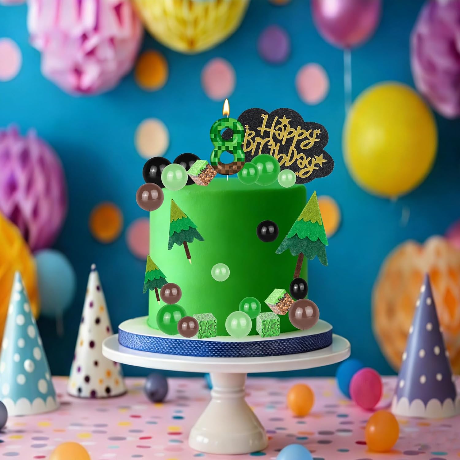 25 Pcs Pixel Cake Topper Set, Birthday Candles Number 8 Mosaic Cartoon Cake Decorations with Green Gray Black Balls, Pixel Themed Cake Decor for Supplies Halloween Decor Block Game Party image 4
