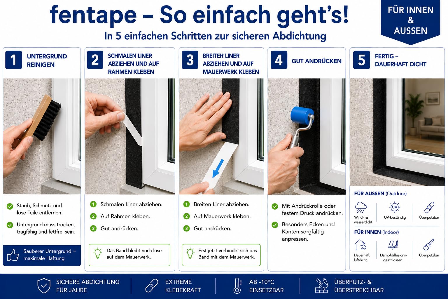 Fensteranschlussband Innen 100 mm x 25 m – Fensterdichtband für RAL-Montage – Vollflächig selbstklebend – Winddicht, luftdicht, dampfdiffusionsdicht, überputzbar Indoor