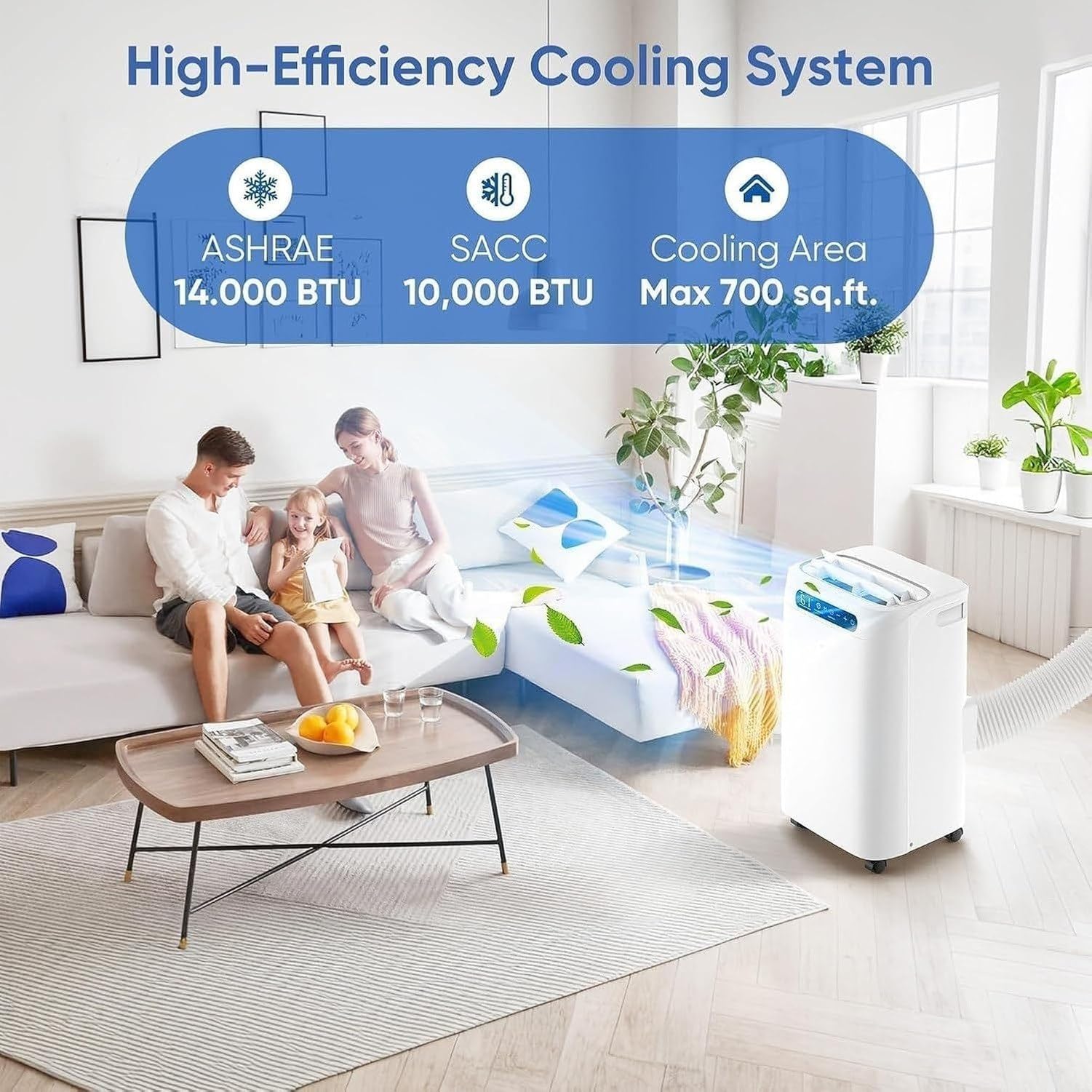 Aire Acondicionado Portátil 14000 BTU para Espacios Grandes hasta 65 m², Equipo de AC con Mando a Distancia, Deshumidificador, Modo Ventilador, Temporizador y K