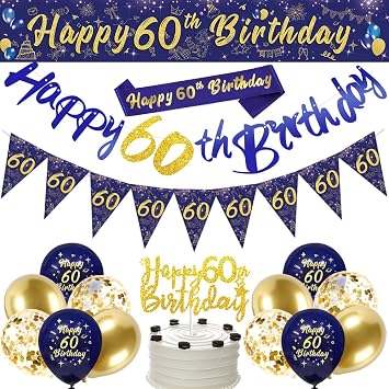 60th Birthday Decoration for Men Him Navy Blue Happy Birthday Banner Balloon