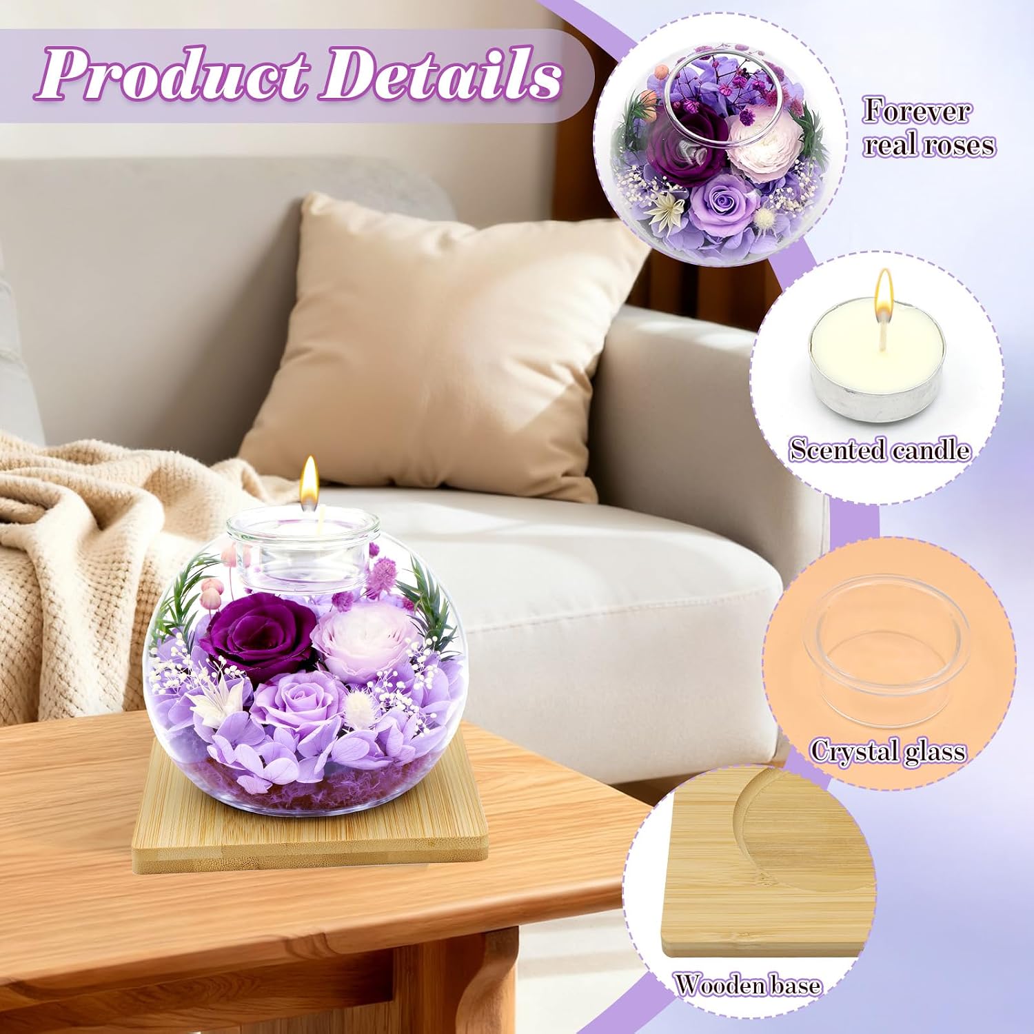 ZYNERY Preserved Rose in Glass Dome, Forever Flowers Birthday Gifts for Her, Preserved Flowers in Glass with Scented, Rose Gifts for Women Mom Wife Girlfriend Grandma Valentines Mothers Day (Purple)