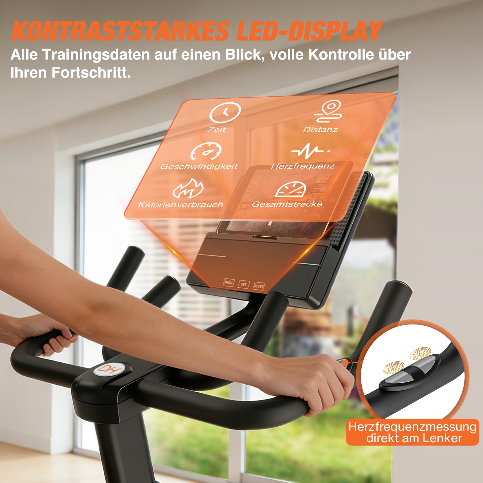 DH FitLife Heimtrainer Fahrrad Ergometer mit Pulssensor, App & LED-Display | Leiser Magnetwiderstand｜Notbremse｜Mehrgriff-Lenker｜150–195 cm｜Stahlrahmen｜Transportrollen｜Spinning Bike Indoor & Hometrainer