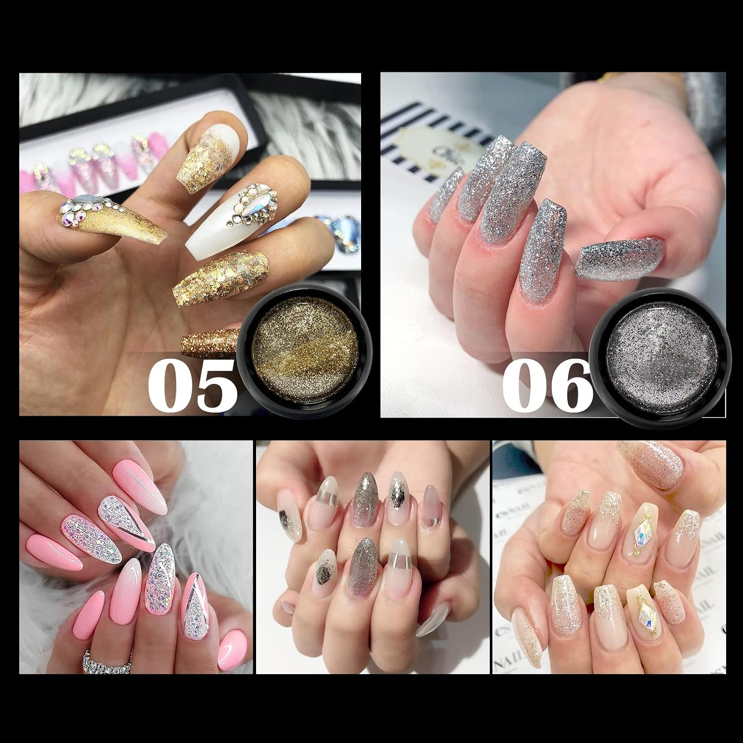 DAGEDA 6 Color Crystal Chrome Nail Powder Set, Holographic Diamond Nail Powder Art Decoration, Sugar Glitter for Nails Art Gel Polish Dip Powder Designs Manicure Pigment