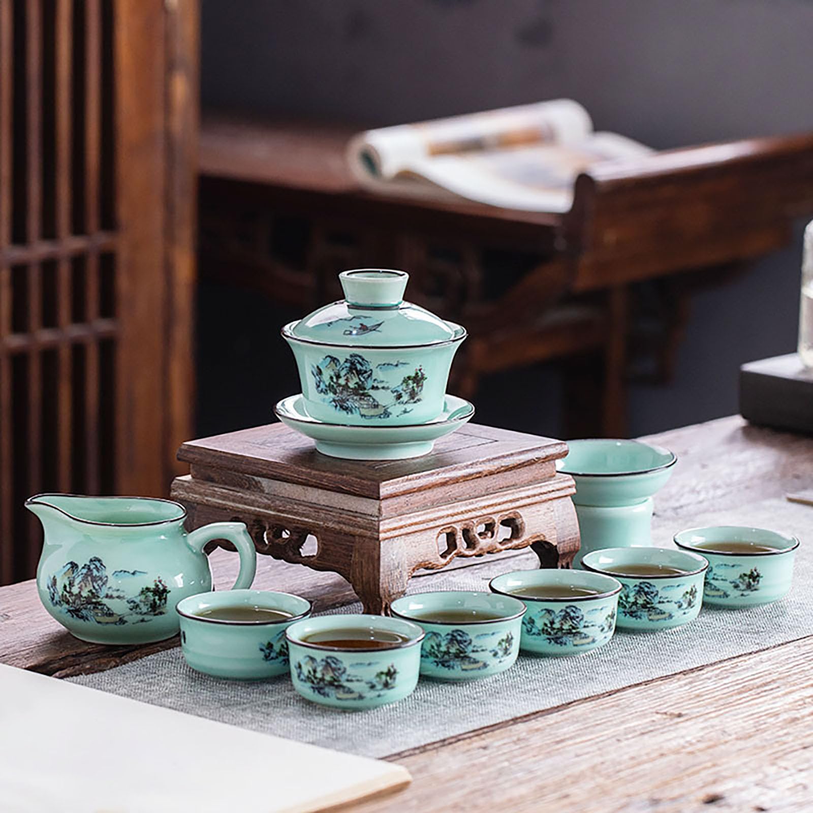 Chiński ceramiczny zestaw do herbaty z czajnikiem do herbaty i dzbankiem, miętowa zieleń z wzorem krajobrazu, tradycyjny zestaw do herbaty