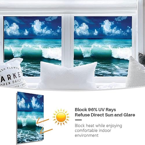 Vista 115 de Tropic - Película 3D para ventana, palmeras tropicales oceánicas en isla soleada, imagen panorámica, para puerta de cristal, baño, sala de estar