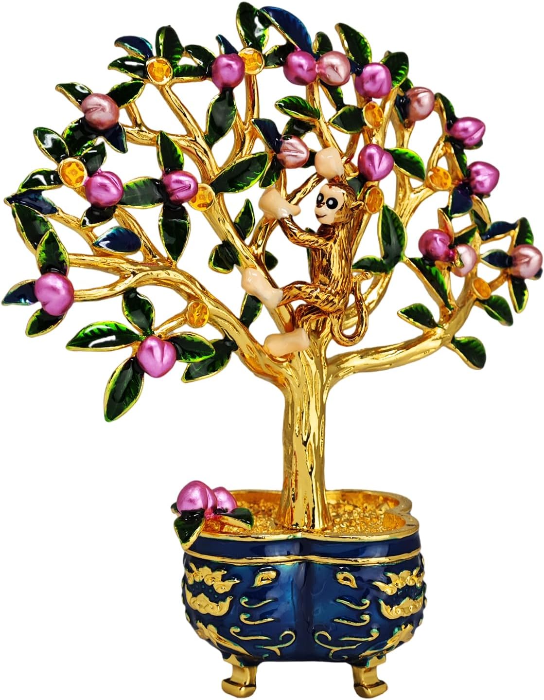 Feng Shui Peach Tree with Magic Monkey and 9 Coins Happiness and Wealth Amulet Statue Home Decoration