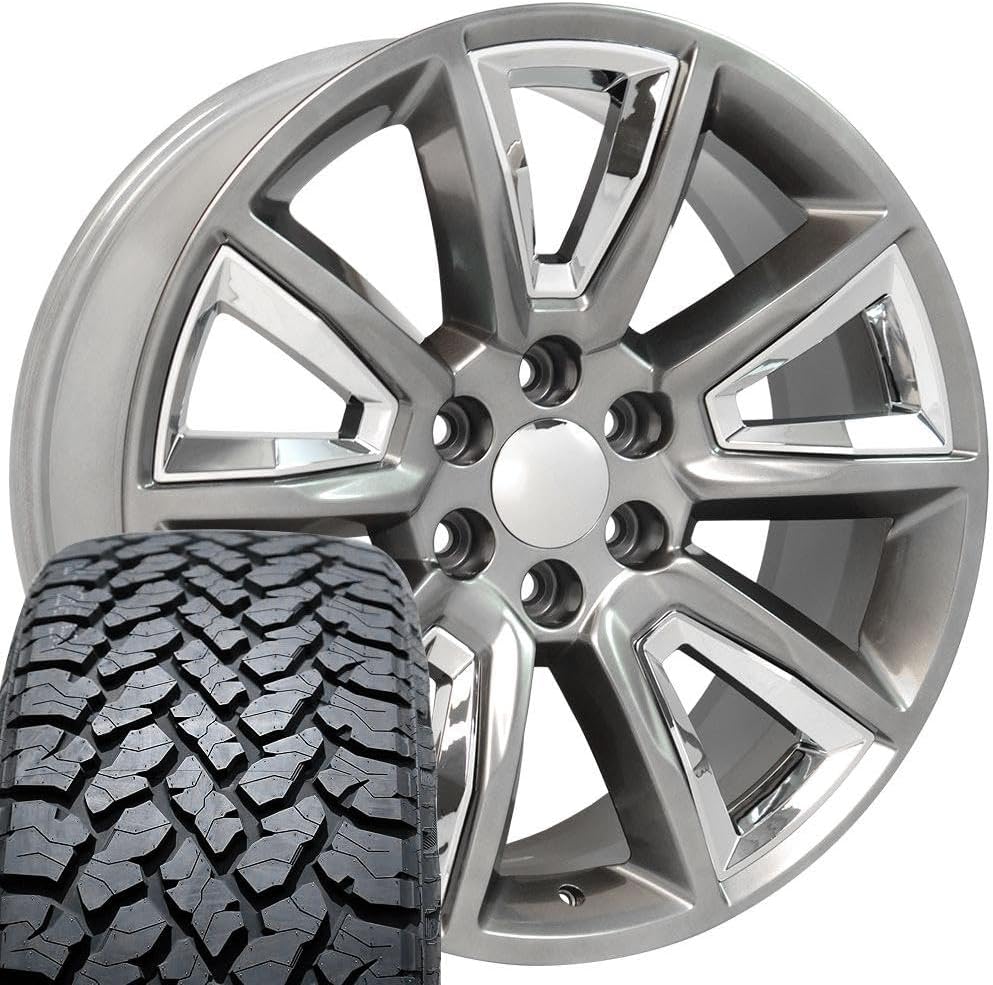 OE Wheels CV73B 22 Inch Rims and Tires Fit Tahoe Style 6x139.7 22x9 Gloss Hyper Black with Chrome Insert - Hollander 5696 - TS-37 AT 285/45-22 (Set of 4)