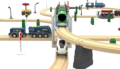 Miniatura 8 de Z MAYABBO Juego de accesorios de tren de madera, puente ferroviario de madera para vías de ferrocarril, 2 niveles de paso elevado compatible