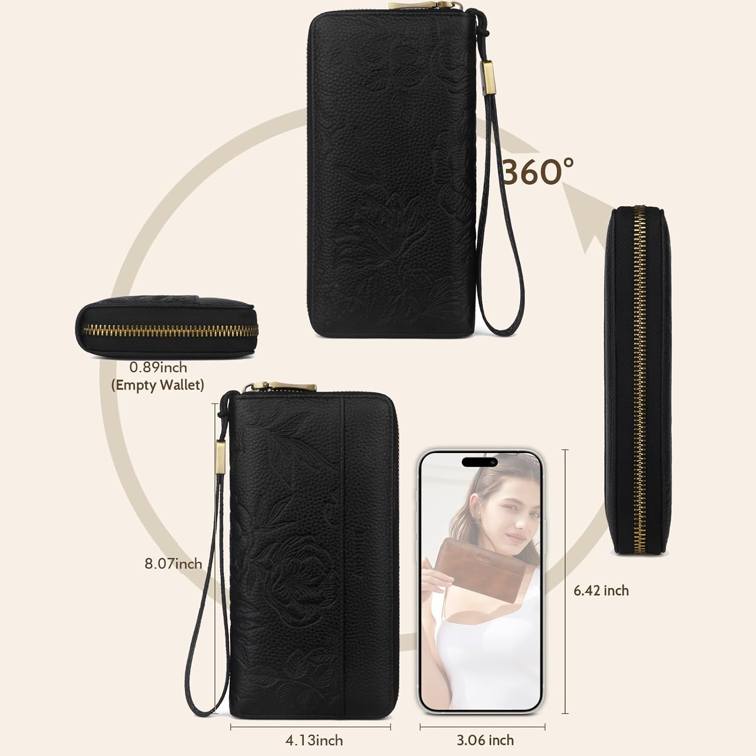 Leather Womens Wallet with Embossed Flowers,RFID Blocking Long Wallet For Women Large Capacity Wristlet With Card Holder Zip Coin Pocket(black) | Embossed Flowers, RFID Blocking, Large Capacity, Wristlet, Real Leather, Card Holder - Image 4