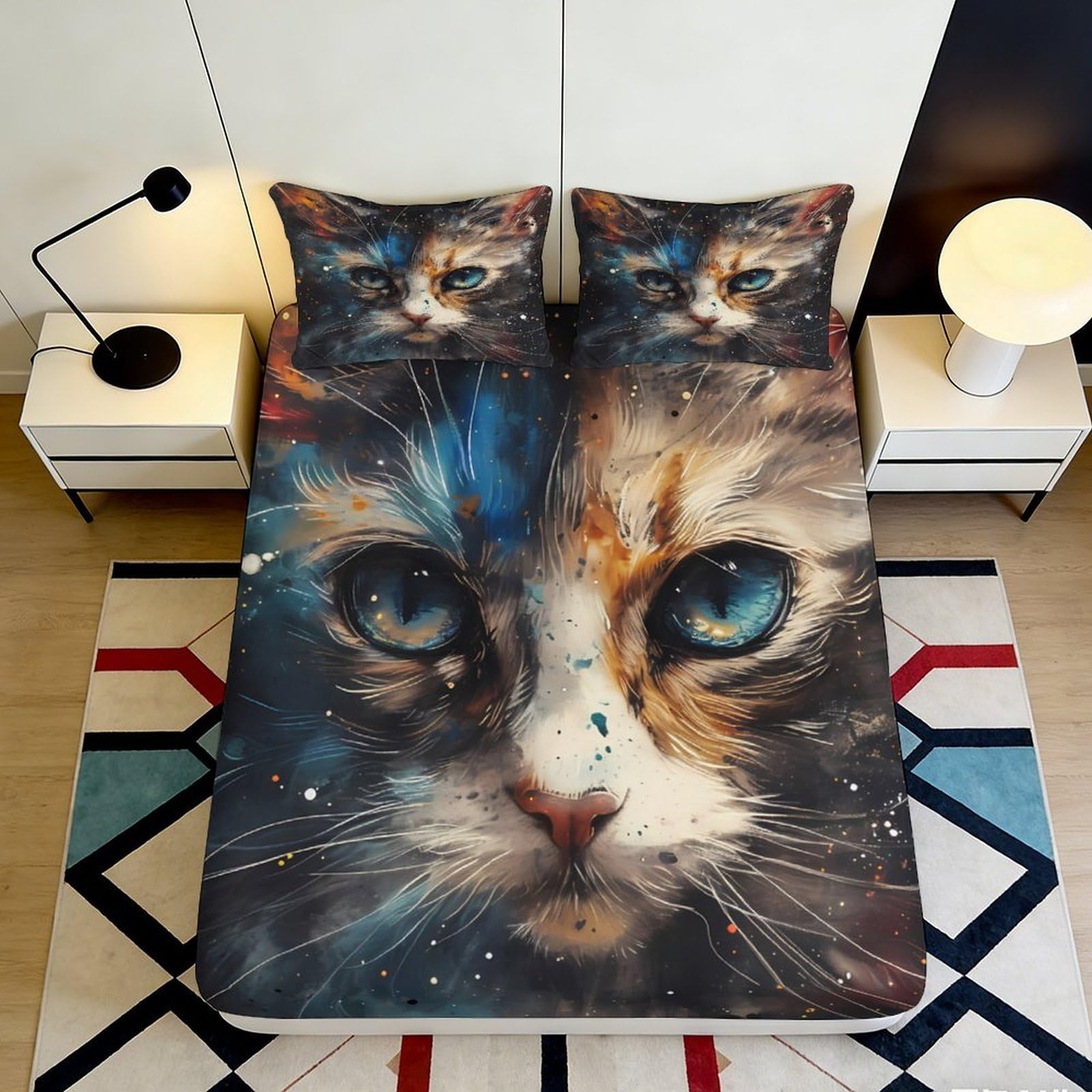 3D Printed Cat Portrait Fitted Sheet Microfiber Soft Breathable Artistic Animal Bed Cover for Bedroom Guest Room Decor Protection 90x200x25cm