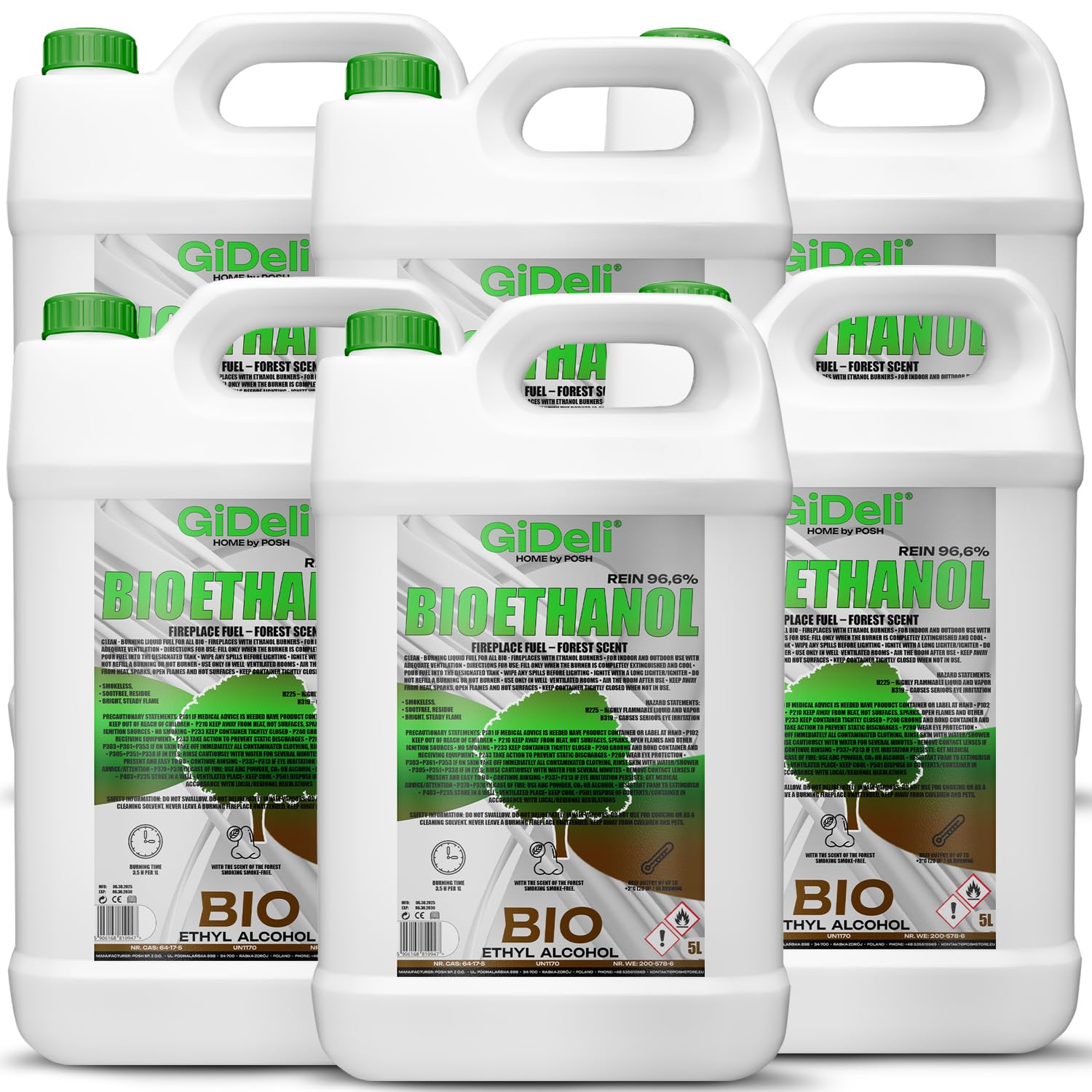 GiDeli Bioetanolo 6 x 5 l profumo forestale 96,6% etanolo per camini interni ed esterni, senza fumo e fuliggine, da mais e barbabietola da zucchero